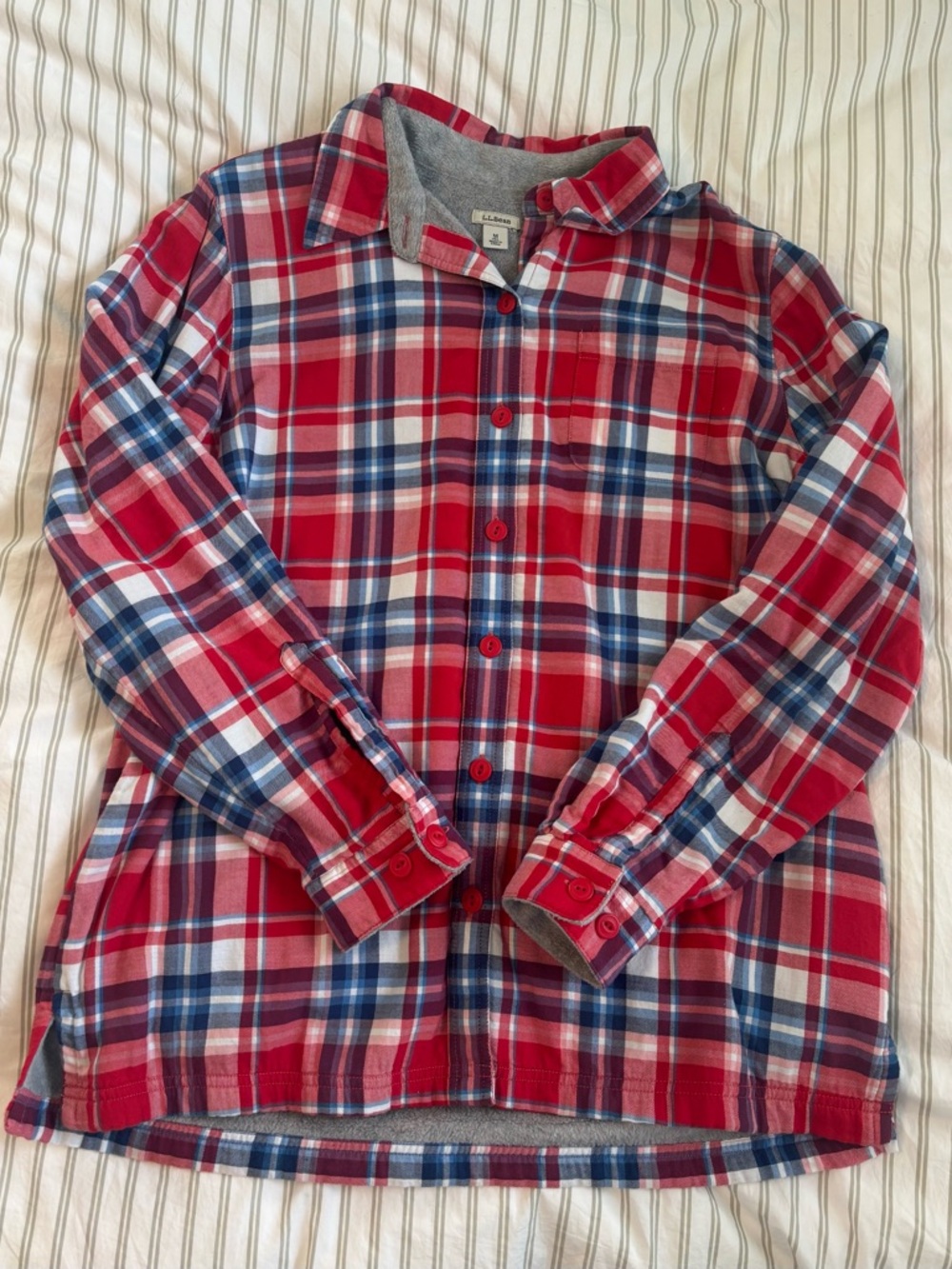 L.L. Bean Red Blue White Plaid Flannel fleece lined  Button-Up Top